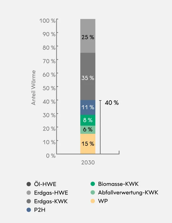Prognostizierter Wärmeanteil nach Technologie und Wärmepotenzial im Jahr 2030